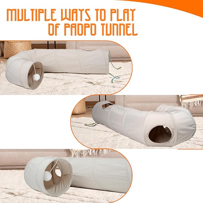 Cat Tunnel, 2-Way Collapsible Cat Tube with Interactive Peek-A-Boo Hole, Toy Ball, and Rope – Ideal for Indoor Cats, Kittens, and Rabbits, Beige