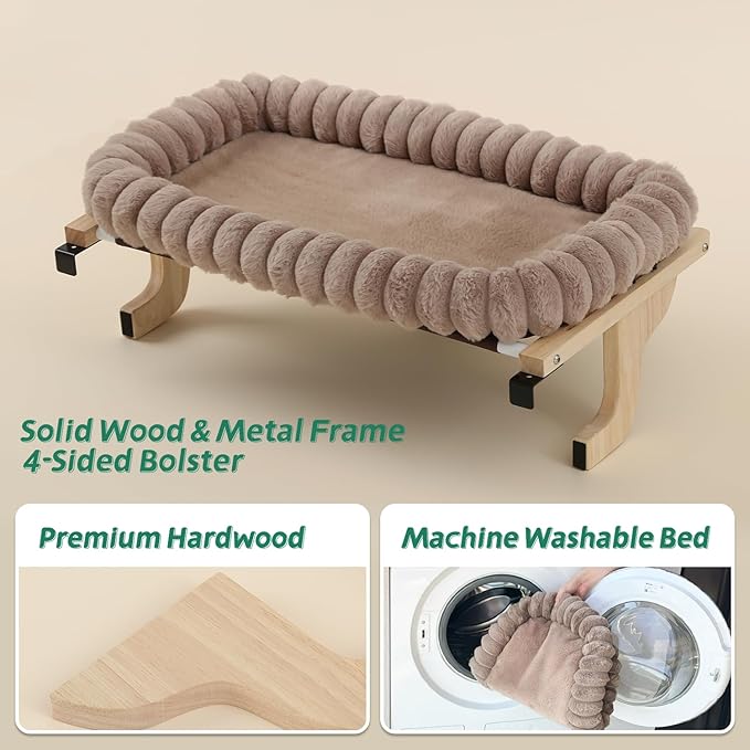 Zakkart SnugCloud Cat Window Perch with 4-Sided Bolster - Orthopedic Cat Hammock for Window Sill - Solid Hardwood & Metal Frame - Window Seat for Pets (Natural Color Wood w/Brown Bed, Large)