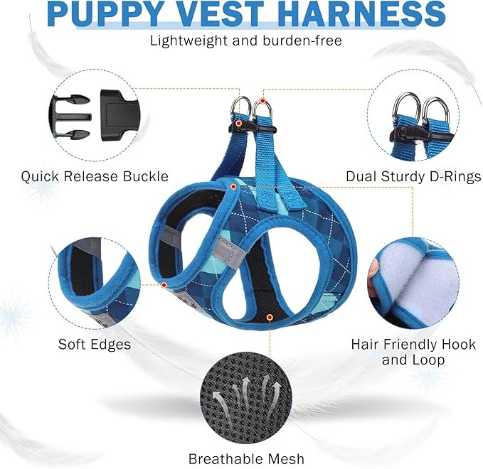SCENEREAL Small Dog Harness and Leash Collar Set, Step in No Pull Soft Mesh Dog Harnesses for Small Medium Sized Dogs Puppy and Cats Outdoor Walking, No Chock Reflective Vest Harness, Blue Plaid M
