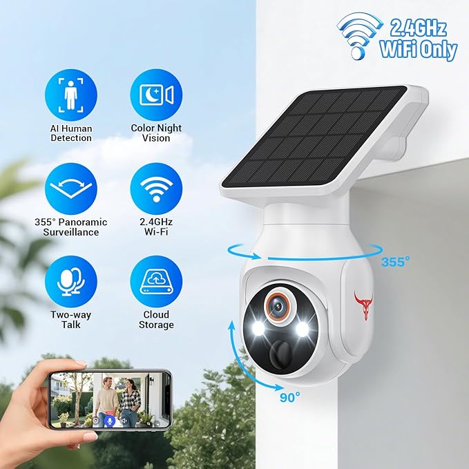 Orbitell 1080p WiFi Outdoor Security Camera with Solar Panel, Battery Powered, AI Motion Detection, Night Vision, Two Way Audio, IP65, Cloud Storage, Human Detection, 2.4GHz Wi-Fi, Pan Tilt Control