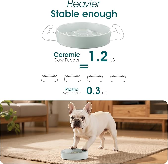 vancasso Slow Feeder Dog Bowl, 0.6 Cups Ceramic Dog Food Dish for Fast Eaters Small Breed, Puzzle Bowl for Small Dogs and Cats, Grayish Cyan