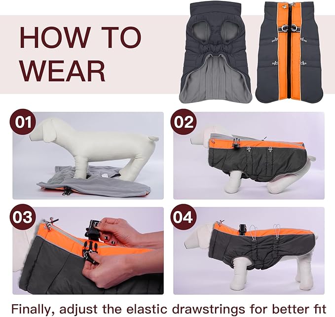 Dog Winter Jacket - 3X Large, Warm Zip Up Snowsuit Dog Harness Vest, Reflective, Water-Resistant, Orange-Gray