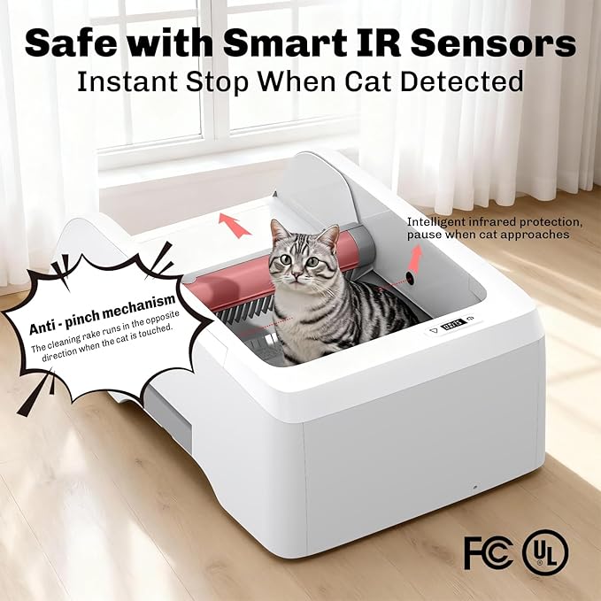 Self Cleaning Litter Box, Upgraded Automatic Cat Litter Box Self Cleaning with APP Control, Large Open Design for Single/Multiple Cats, Anti Pinch and Odorless（with Lid）