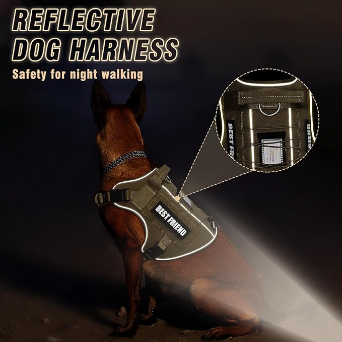 Tactical Dog Harness for Large Dogs,No Pull Military Dog Vest with Handle,Reflective Heavy Duty Pet Harness for Walking Hiking Training Brown L