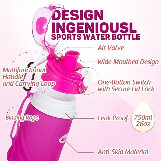 Kemier Collapsible Silicone Water Bottles-750ML,Medical Grade,BPA Free Travel Water Bottle Can Roll Up,26oz,Leak Proof Foldable Sports & Outdoor Water Bottles