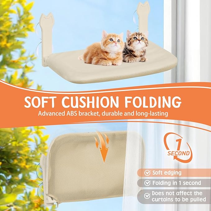 2 Pack Cat Window Perch,Cat Window Hammock Cordless Foldable Window Bed with 4 Large Strong Suction Cup,Reversible Cushion Cover,Metal Frame Easy to Adjust Window Seat Holds up to 40lbs(Beige，M)