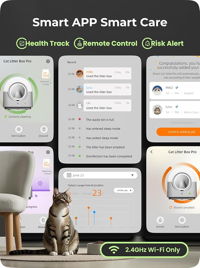 HHOLOVE TYPro Self Cleaning Cat Litter Box Automatic Hands-Free Smart Robot self Cleaning Cat Litter Box for Multiple Cats with APP Control Safe with Litter Mat Waste Bags and Deodorizer