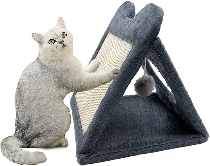 Fhiny Triangle Cat Scratching Post, Natural Sisal Cat Standing Scratch Board with Hanging Plush Ball Toy Pet Cave Nest Indoor Cats Pads Activity Center for Keeping Away from Furniture