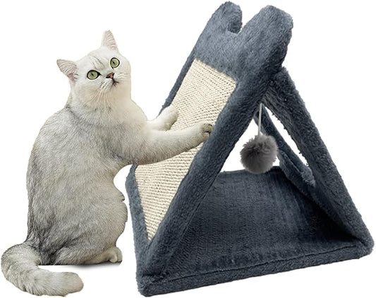 Fhiny Triangle Cat Scratching Post, Natural Sisal Cat Standing Scratch Board with Hanging Plush Ball Toy Pet Cave Nest Indoor Cats Pads Activity Center for Keeping Away from Furniture