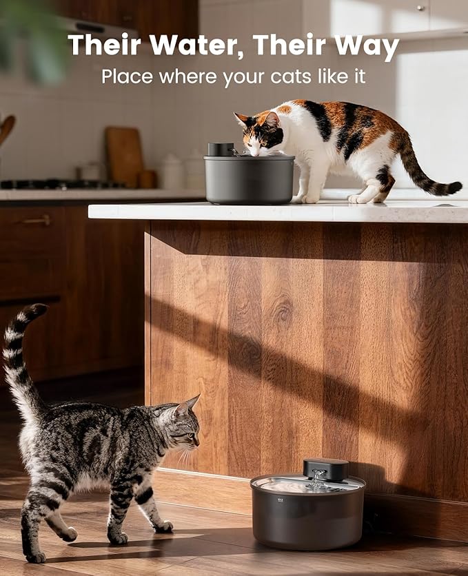 oneisall Cat Water Fountain Stainless Steel Tray: 108oz/3.2L Wireless Pet Fountain for Cats Indoor, Battery Operated Automatic Water Dispenser for Drinking, Ultra Quiet SilentFlow™, Motion Sensor