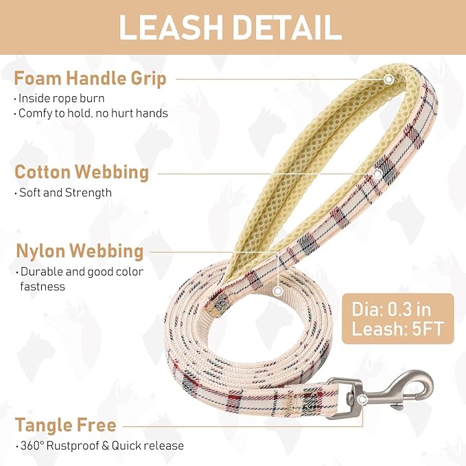 GAMUDA Small Dog Harness Collar and Leash Set, Step in No Chock No Pull Soft Mesh Adjustable Dog Vest Harnesses Plaid Reflective for Dogs Puppy Cats Kitten Rabbit (Beige, XXS)