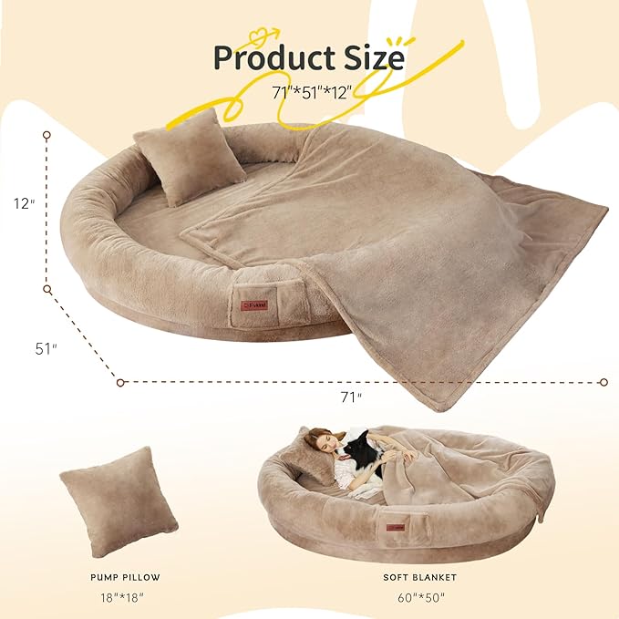 Human Dog Bed for Adults, 71"x51"x12" Washable Orthopedic Size, Faux Fur Removable, Cozy Large Present with Blanket and Pillow, Khaki
