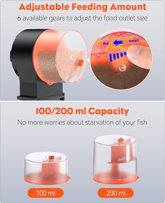 Pawfly 100/200 ml Adjustable Fish Feeder for Aquarium Auto Vacation Timer Fish Dispenser for Fish Tank Automatic Fish Food for Pellets Flakes & Strips, Battery Operated (Battery Not Included)