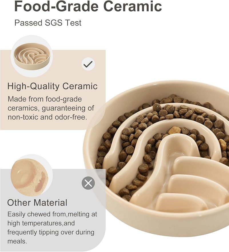 Ceramic Maze Dog Slow Feeder with Non-Slip Silicone Rim – Heavy-Duty Stoneware Bowl with Puzzle Pattern for Bloating & Obesity Prevention (Apricot-S)