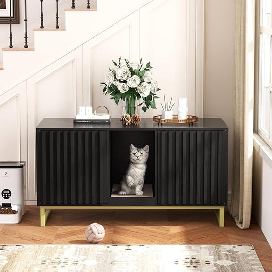 Double Litter Box Enclosure,Modern Cat Litter Box Enclosure for 2 Cats, Hidden Litter Box with Cat Scratch Pad, Cat Washroom Cat House End Table, Entryway Bench for Livingroom (Black)