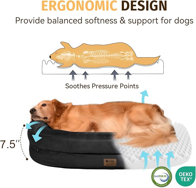 Orthopedic Washable Large Dog Bed: Memory Foam Waterproof Pet Bed with Bolsters - Removable Washable Cover for XL XXL Extra Large Sized Dog Bed - Non-Slip Bottom - Black