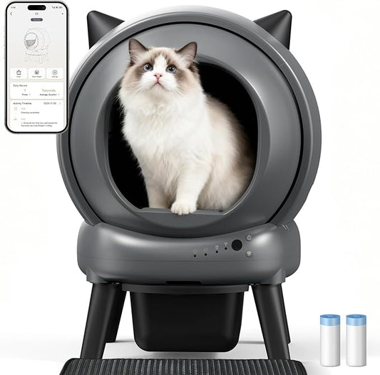 Self Cleaning Litter Box for Cats, Automatic Cat Litter Box with Smart APP Control and Health Monitoring, Includes 2 Roll Trash Bag & Litter Mat, Grey