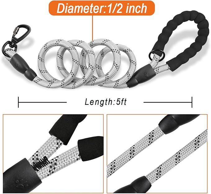 BARKBAY Dog Leashes for Large Dogs Heavy Duty Dog Leash 2 Pack 5 FT with Comfortable Padded Handle Highly Reflective Threads for Medium Large Dogs Walking Training Running (5FT-1/2,Gray+Black)