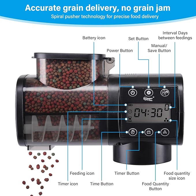 hygger Automatic Fish Feeder for Aquarium: Auto Fish Food Dispenser with Timer,quantitative and Fixed-Point Feeding System for Betta Turtle Small Tank - Aquarium Vacation Feeder with 3 AAA Batteries