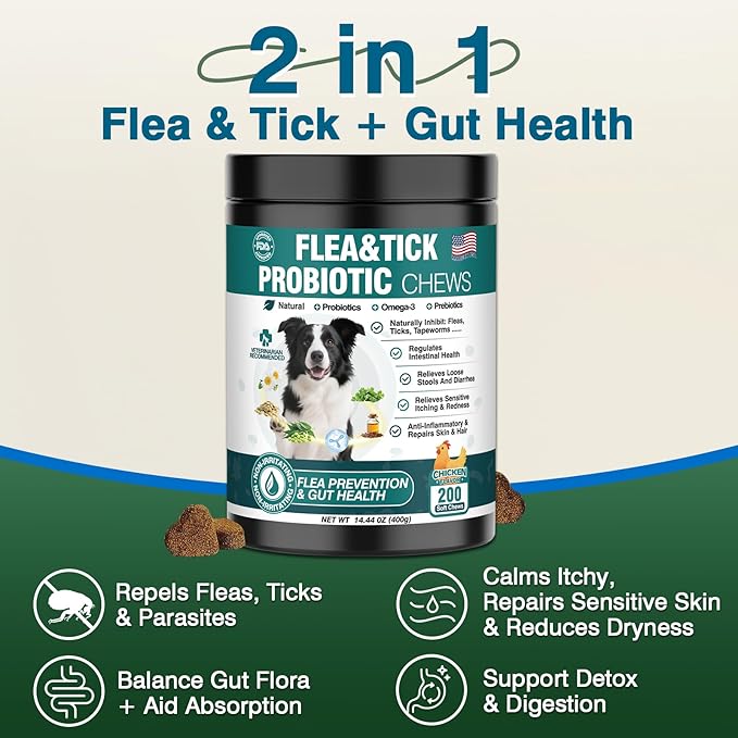 Dog Flea and Tick Treatment Chewables for Dogs Natural Chewable Flea and Tick Chicken Flavor Prevention Probiotic Dog Chews Gut Health Probiotics for Dogs Digestive Health 2 in 1 Chewable 200 Chews