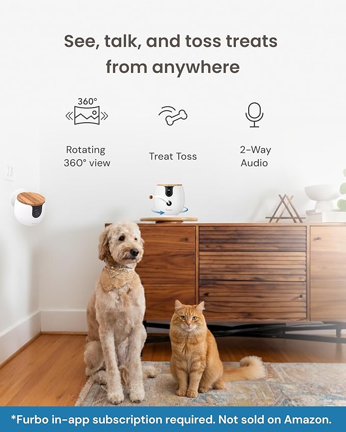 Furbo [New Mini 360° Camera + Mini Cam [New Subscription Required at Setup] (2-Camera Bundle Nanny Pro Subscription): Pet Safety Alerts, Dog & Cat Cameras with Speaker, Phone App & Night Vision