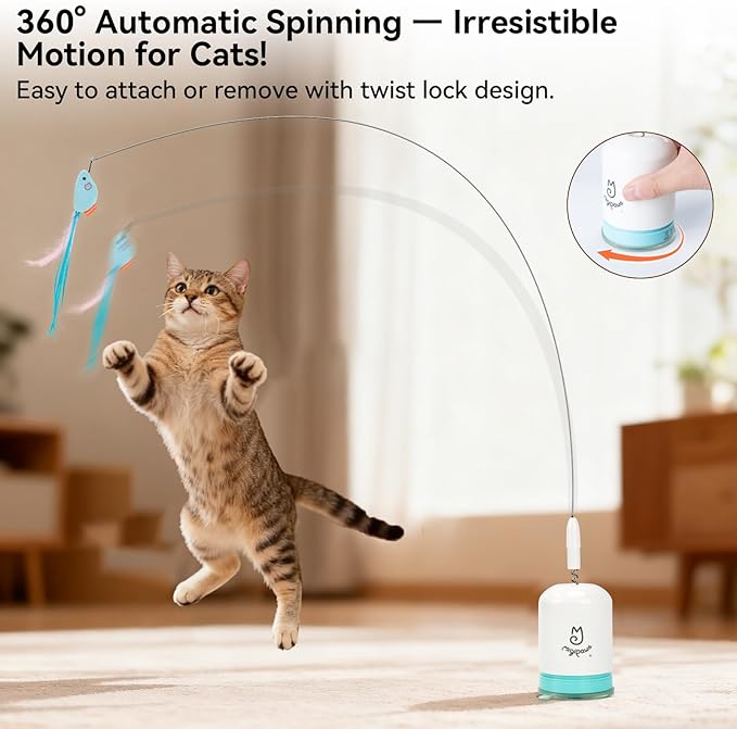 Migipaws Interactive Automatic Cat Teaser Wand Toy with Strong Suction Cup, 70cm Flexible Wire & DIY Bending Design, Rechargeable Cat Exercise Toy with Auto Timer for Indoor Cats (White)