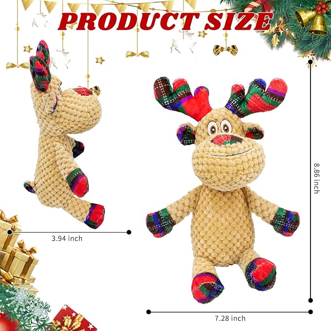 Squeaky Christmas Reindeer Dog Toys, Interactive Plush Dog Toys for Small and Medium Dogs, Suitable for Trainning and Reducing Boredom and Anxiety. (Reindeer)