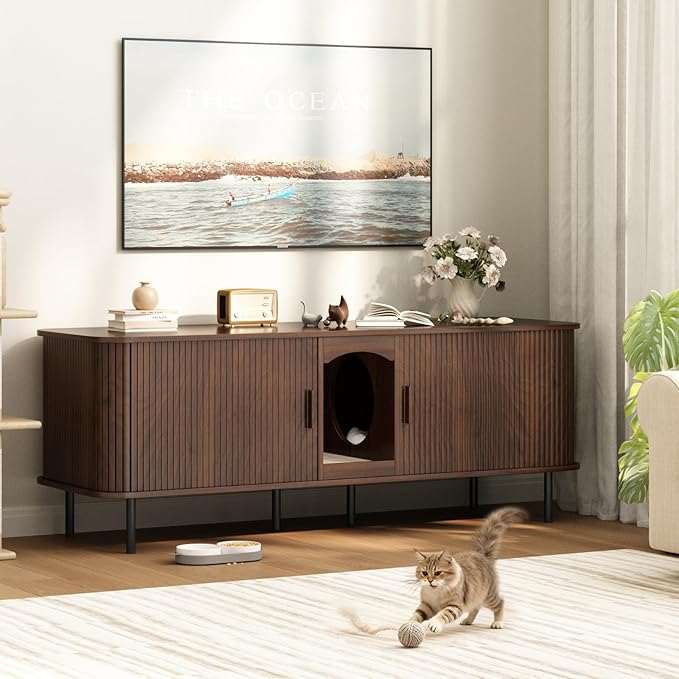 Double Cat Litter Box Enclosure Furniture, 59" Large Hidden Litter Box Furniture with Scratching Pad, Wood Pet House for 2 Cats, Indoor Modern Cabinet TV Stand for Living Room, Walnut