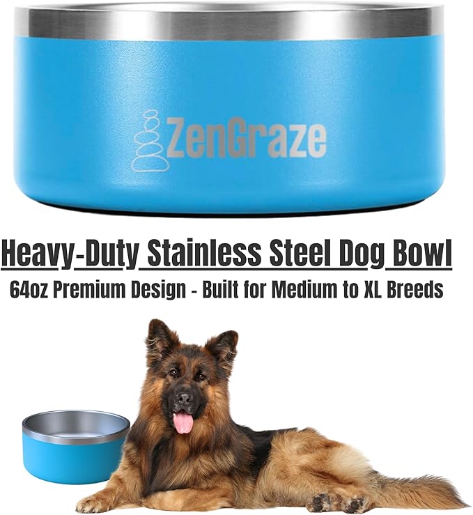 Slow Feeder Dog Bowl with Premium Lick Mat Lid | Stainless Steel Dog Bowls | Removable Slow Feeder Insert | Heavy-Duty, Non-Slip & Durable | 64 oz | Medium to Large Dogs (Eli Blue)
