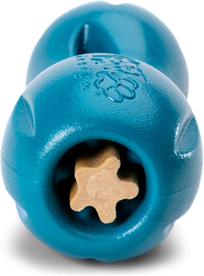 West Paw Qwizl Treat Dispensing Dog Toy for Tough Chewers- Durable Long Lasting Chew and Fetch Toy Keeps Dogs Engaged- Dishwasher Safe Safe Materials Made in USA - River Blue, Small