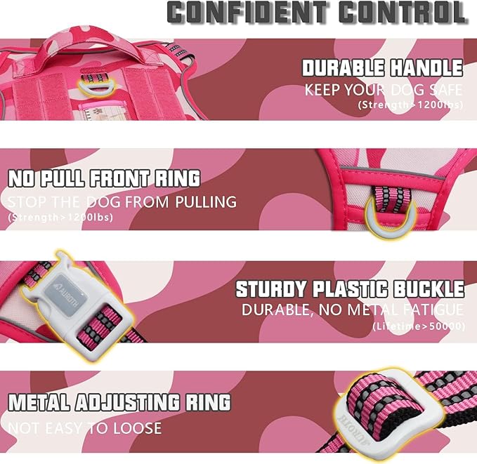 AUROTH Tactical Dog Harness for Small Medium Large Dogs No Pull Adjustable Pet Harness Reflective K9 Working Training Easy Control Pet Vest Military Service Dog Harnesses (XL, Pink Camo)