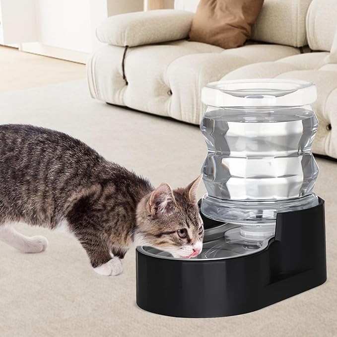 Sfozstra Automatic Gravity Dispenser for Cats: 4L Black Stainless Steel Water Bowl Feeder - Great for Family Homes and Outdoor Activities