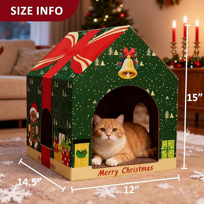 Christmas Cardboard Cat House with Scratching Pad (15"x12"x15") Christmas Decorations Scratching Pad for Kitty Cat Play House for Indoor Cats Christmas Red