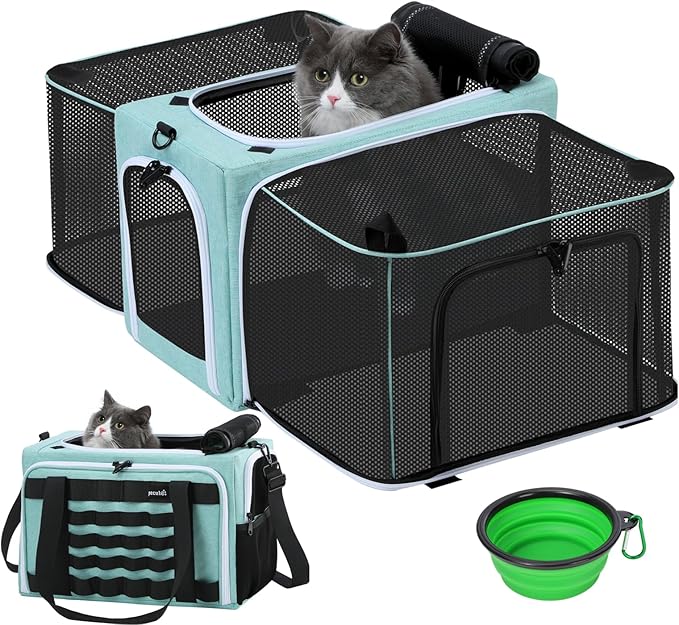 Pecute Cat Carrier Expandable, Airline Approved Cat Soft-Sided Carriers, Breathable Pet Carriers up to 5kg/12lbs, Collapsible Cat Bag Carrier Great for Travel, Outdoor, Hiking, Camping, Light Blue
