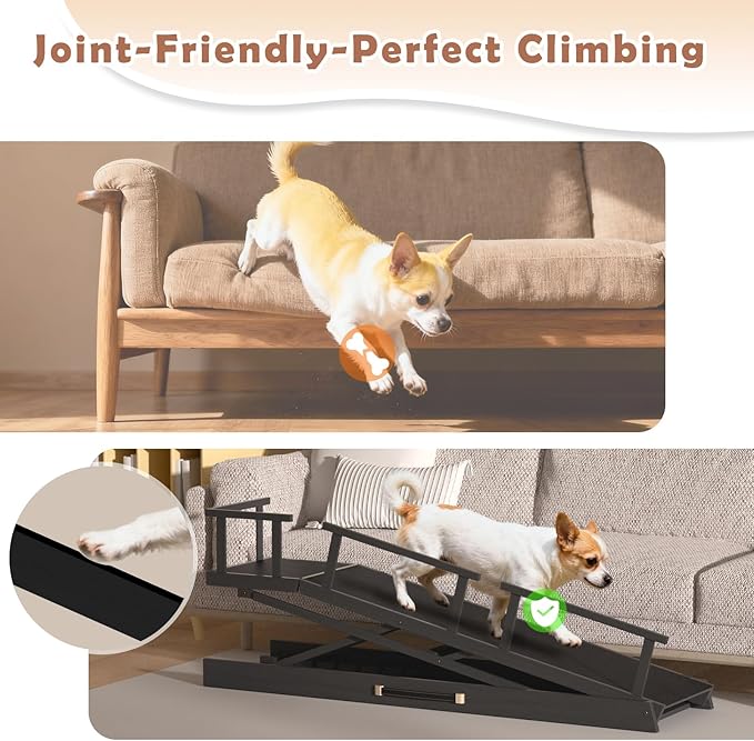 65" Foldable Dog Ramp for Bed, 6 Level（13"-32"） Heavy Duty Adjustable Dog Ramp for Car Pet Ramp with EVA Non-Slip Surface, Rest Platform & Glow Strips for Large Dogs up to 200Lbs (Black)