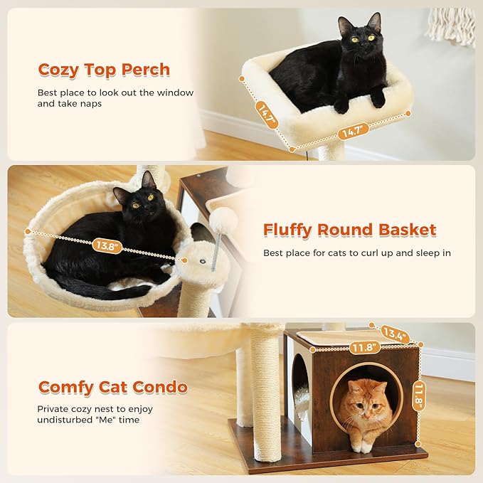 Modern Cat Tree for Indoor Cats, Small Cat Tower with Cat Condo, Scratching Posts, Top Perch and Metal Frame Hammock, Wooden Play House with Anti-Slip Mat, Brown