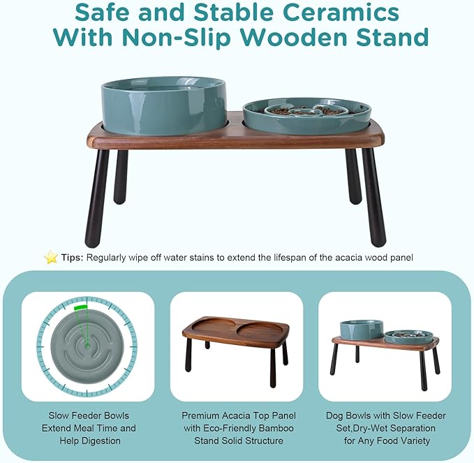 SPUNKYJUNKY Ceramic Elevated Dog Bowls with Slow Feeder Raised Acacia Bamboo Wooden Stand, 8.3'' Dog Food Water Bowls Set Non-Slip for Medium Large Sized Breed Microwave Dishwasher Safe - Dark Green