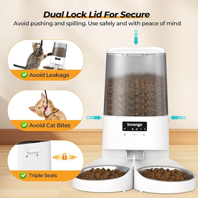 Automatic Cat Feeder with App Control, 5L Food Dispenser for 2 Cats, 2.4/5G WiFi, Dual Power, Programmable Portions, Anti-Jam & Fresh-Lock, Stainless Steel Bowls, Easy to Clean