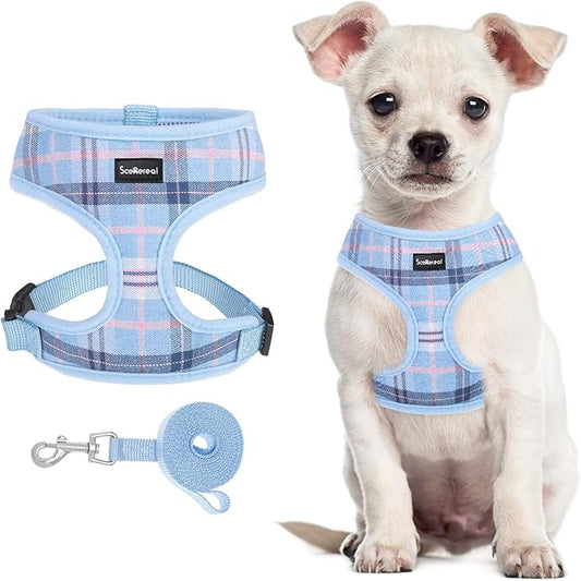 SCENEREAL Puppy Dog Harness with Leash Set for Small Medium Sized Dogs, Soft Mesh Step in Pet Harnesses and Leash, No Chock Plaid Adjustable No Pull Vest for Dogs Cats, Chihuahua,Bulldog (Blue XS)