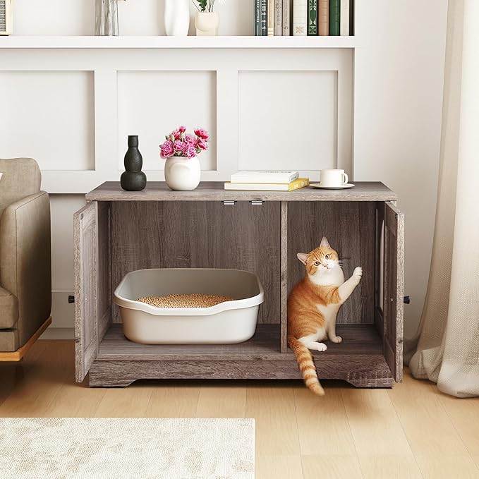 Tangkula Cat Litter Box Enclosure, Wooden Kitty Washroom Cabinet w/Winding Entry & Cat Hole, with Divider, Hidden Double Enclosed Litter Box Furniture for Living Room, Bedroom, Entryway (Grey)