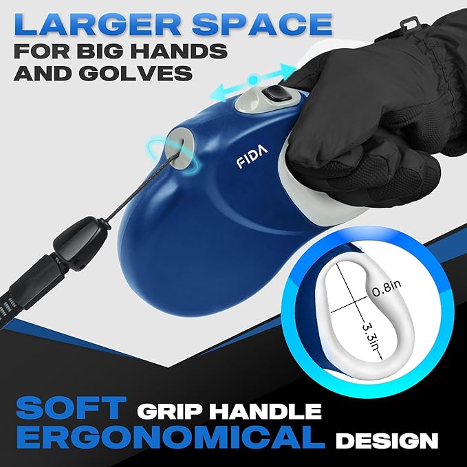 Fida 30ft Upgraded Retractable Dog Leash, Heavy Duty Pet Walking Leash for Medium/Large Breed up to 110 lbs, 360° Tangle-Free Long Retract Dog Lead, Soft Grip, One-Hand Brake, Blue