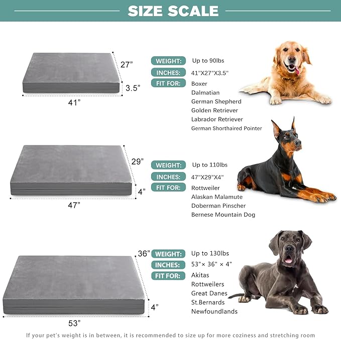 Waterproof XXXL Dog Beds Large Sized Dogs, Orthopedic Washable Crate Pad 54 inch, Jumbo XXXLarge Foam Pet Bed with Removable Cover Reversible, Anti-Slip Kennel Pad, 53"x36", Gray