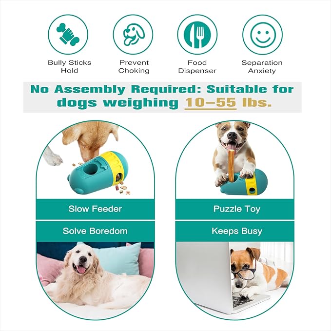 Dog Puzzle Toys Dog Treat Dispensing with Bully Sticks Holder Security Hold Device Interactive Toy to Keep Them Busy Puppy Slow Feeder ,Securely Holds Bully Sticks to Help Prevent Choking. (M-Green)
