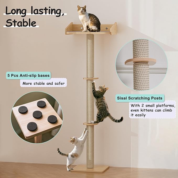 53" Cat Window Perch with Scratching Post, Cat Window Bed with Soft Mat, Non-Slip Base, 2 Suction Cups, Top Observation Perch, Max Support 50 lbs, Multi-Level Perch for Climbing (Natural Wood, 53")