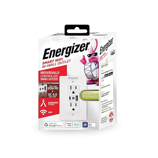 Energizer Smart Plug, in-Wall Smart Plug Wi-Fi Outlet Compatible with Siri, Alexa, & Google Home, 2 Individually Controlled Outlets & USB C and USB A Ports, Remote Control Hardwired Outlet, Hub-Free