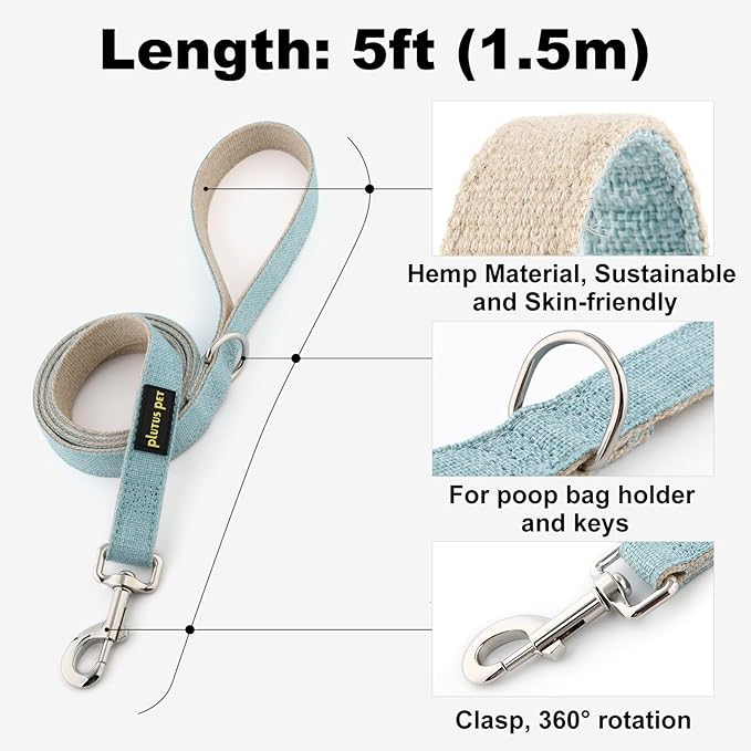 Plutus Pet Cotton Hemp Dog Collar and Leash Set, Adjustable Collar for Small, Medium, and Large Dogs, Heavy Duty and Soft on Skin, Light Blue, XS
