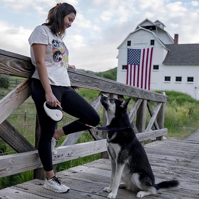 TUG 360° Tangle-Free Retractable Dog Leash with Anti-Slip Handle | 16 ft Strong Nylon Tape | One-Handed Brake, Pause, Lock (Large, White/Orange)