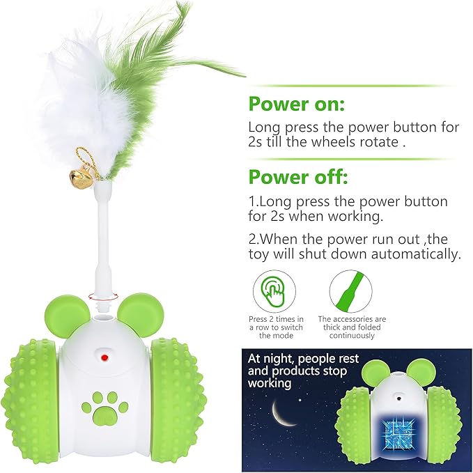 Interactive Cat Toy – Automatic Motion-Activated Cat Ball with Feathers & Jingle Bell, 360° Rotating, Rechargeable 2000mAh Battery, LED Light, Night Auto-Off – Ideal for Indoor Cats (Green)