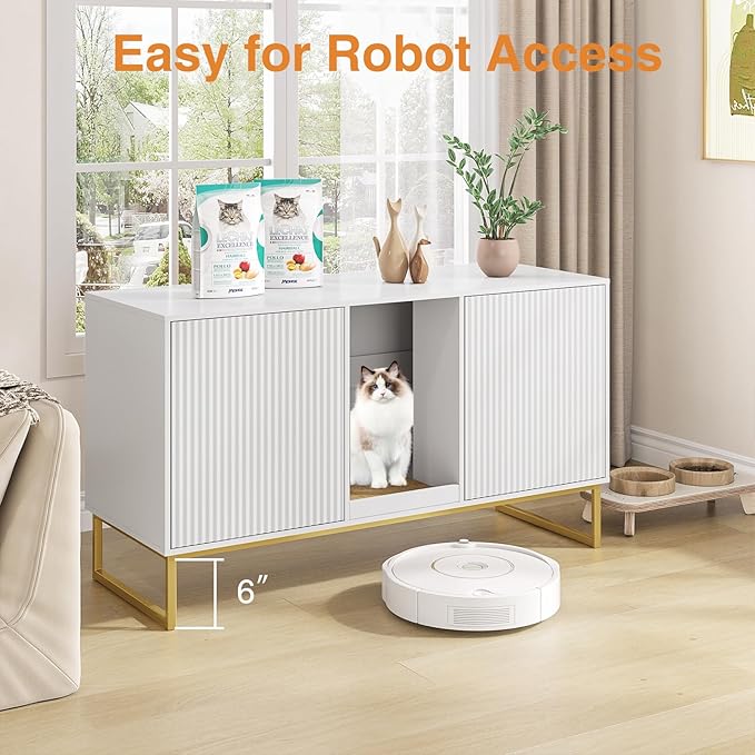 Kitty Litter Box Enclosure for 2 Cats, Small Hidden Cat Litter Box Furniture with Scratch Pad, Modern Fluted Double Litterbox Cabinet TV Stand for Kittens, White