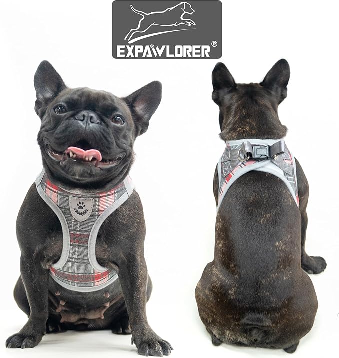 EXPAWLORER Classic Plaid Puppy Harness - Small Dog Harness and Leash Set - Dog Collar and Leash Set with AirTag Holder, Soft Padded Step in Dog Vest Harness No Pull Reflective for Outdoor, Grey M